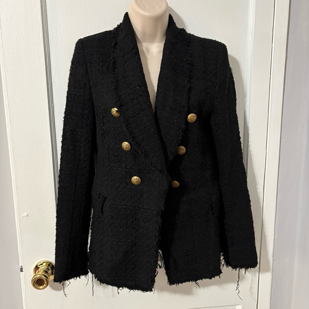 Zara Black Textured Blazer with Gold Buttons Frayed Edges Jacket Outerwear Drape